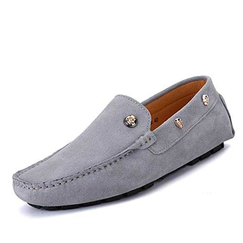 New Mens Loafers Shoe Suede Vamp with Rivet Stitching Details Genuine Leather Round Toe Flat Heel Lightweight Comfortable Wedding Casual Slip-on