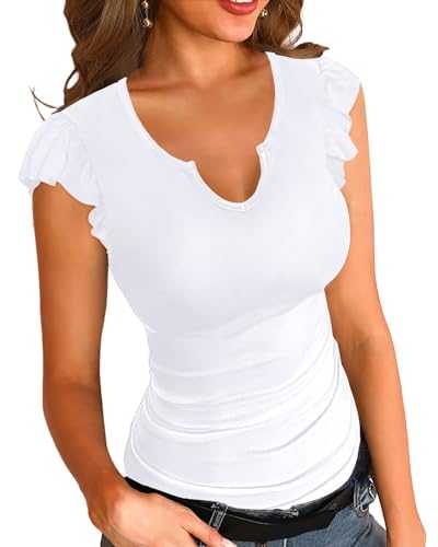 Necooer Ladies Summer Short Sleeve Ruffle Cuff Slim Casual Stretch V-Neck T Shirt Elegant Sexy Fit Basic Ribbed Top