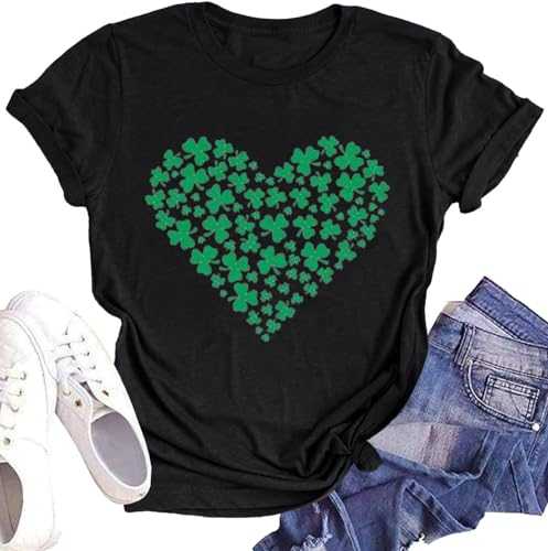 DESFSE St. Patrick's Day Shirts for Women Clover Heart Print Tshirt Green Shamrock Paddy's Day Tee Tops