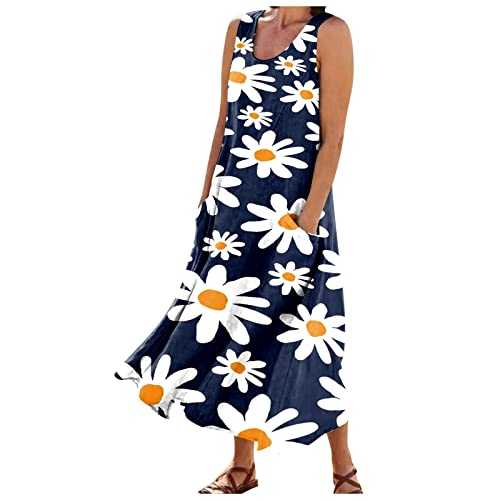 ODJOY-FAN Tank Dresses for Women 2024 Flowy Cotton Linen Vacation Dress with Pockets Sleeveless Round Neck Print Dresses