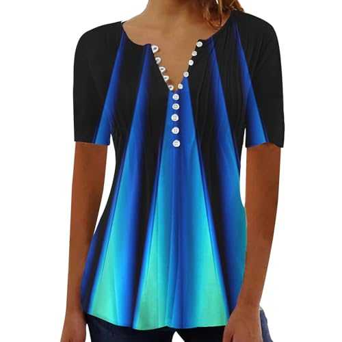 Summer Tops for Women UK Casual V Neck Short Sleeve T-Shirts Floral Print Button Down Shirts Boho Tops Ladies Elegant Tunic Blouses Loose Fit Pleated Tshirt Fashion Outfits