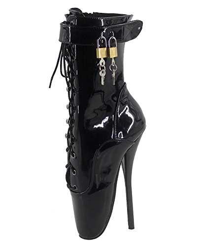WONDERHEEL 7" Stilleto Heel Black Patent Sexy Fetish Locked Padlocks Ankle Ballet Boots