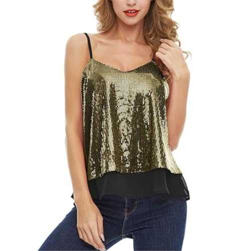 Women's Sequined Camisole, Sleeveless Sparkle Shimmer Camisole Vest Top, Shining Sequin Party Vest Tank Tops, Adjustable Spaghetti Strap Cami Tank for Night Club, Glitter V Neck Daily Blouse T-Shirts