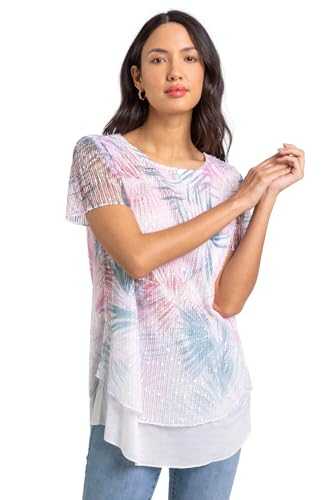 Roman Originals Mesh Overlay Floral Print Blouse for Women UK - Ladies Smart Top Casual T-Shirt Summer Holiday Spring Flower Printed Mesh Layer Stretch Jersey Comfy Tee Shirt