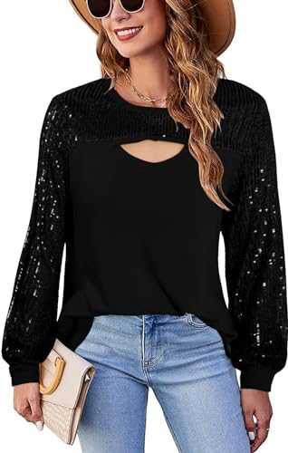 Sequin Puff Sleeve Tops for Women Dressy Sparkly Blouses Elegant Sparkle Glitter Party Shirts