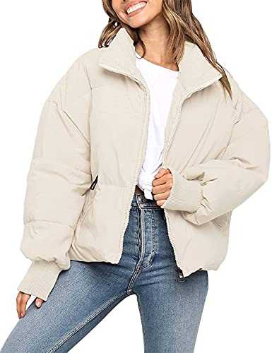 MEROKEETY Women's 2024 Winter Long Sleeve Zip Puffer Jacket Pockets Baggy Short Coats, Beige, L