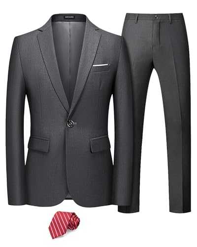 MrSure Men's 2 Piece Slim Fit Suit with Stretch Fabric, One Button Solid Jacket Pants & Tie Set