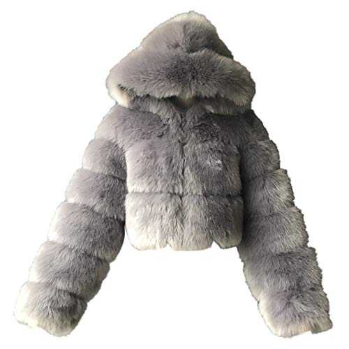 Womens Plush Crop Short Hooded Jacket Cropped Faux Fur Cardigan Outwear Artificial Fur Thick Outerwear Short Shaggy Coats Soft Warm Trench Coats Winter Fluffy Jacket Plus Size