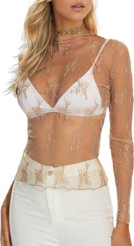 materasu Women's Long Sleeve Mesh Top Mock Neck Sheer Blouse See Through Floral Lace Tops