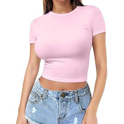 Women's Short Sleeve T-Shirts Crew Neck Slim Fit Tops Sexy Tummy Control Basic Solid Color Tee 2025 Stretch Fitted Ribbed Knit Going Out Y2k Fashion Tops for Gym Beach Holiday