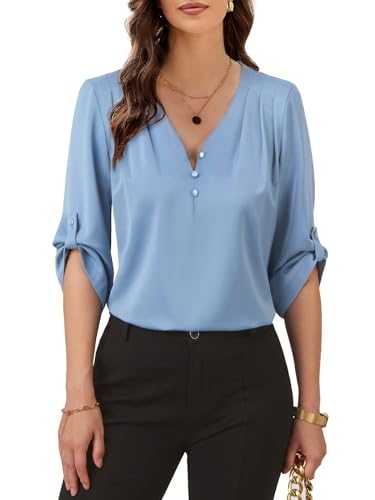 FAIRY CORA Women's Roll Up 3/4 Sleeve Dressy Tops V Neck Button Satin Office Work Shirts Pleated Business Casual Tunic Blouse
