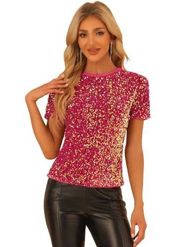 Allegra K Women's Velvet Sequin Top Crew Neck Short Sleeve Party Clubwear Blouse