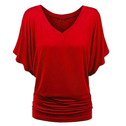 Womens Tunic Tops Sale Clearance Plus Size Elegant Casual Solid Short Sleeve Batwing Sleeve Blouse V-Neck Loose Tops Office UK Size Ladies Henley T-Shirt for Christmas Mother's Day Deals