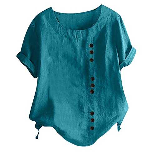 Womens Tops UK Cotton Linen Ladies Blouses Solid Color T-Shirt Rolled Short Sleeve Round Neck Shirt Loose Fit Oversized Tees Soft Comfy Pullover Clothes