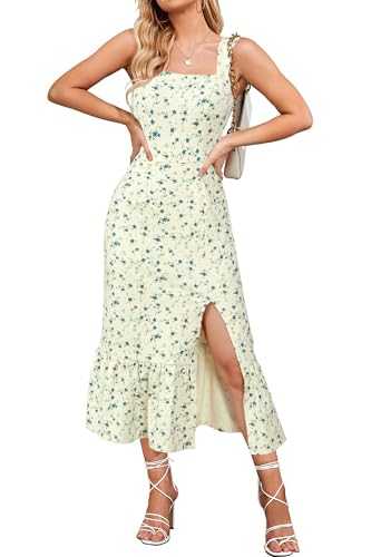 Newshows Summer Dresses for Women UK Casual Floral Sleeveless Square Neck Midi Dress Slit Beach Sundress