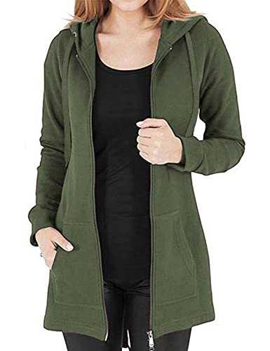 Womens Long Hoodies Zip Up Plain Hoodie Long Sleeves Ladies Fleece Longline Hoodie Sweatshirts Casual Loose Hooded Coat Zipper Plus Size Tops Pullover Jacket with Pockets