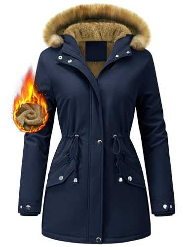 FemiChic Women Winter Coat Waterproof Fleece Lined Jacket Warm Ladies Parka Drawstring Girdle Hooded Thermal Thickened Detachable Faux Fur Mid Length Outdoor Overcoat