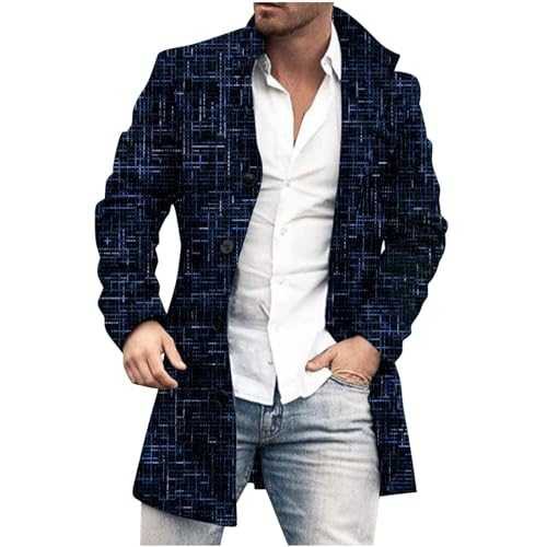 Trench Coat Men UK Deals of The Day Men Trench Coat Wool Blend Top Pea Coat Print Windbreaker Coat Winter Long Sleeve Single Breasted Classic Stylish Business Overcoat Size 10-16