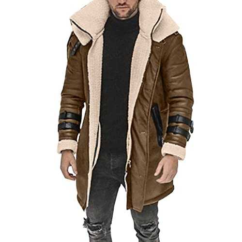 Zeiayuas Sherpa Fleece Lined Coat Men Leather Jacket Trucker Jackets Sheepskin Winter Trench Coats Warm Fluffy Thick Outerwear Motorcycle Cargo Biker Jacket Faux Fur Overcoat Fuzzy Fluffy Outerwear