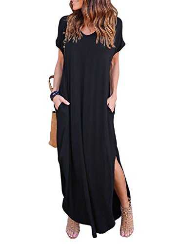 HUSKARY Women's Summer Maxi Dress Casual Loose Pockets Long Dress Short Sleeve Split