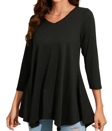Enmain Womens Tunic Tops Long - Ladies V Neck 3/4 Sleeve Top Casual Pattern/Solid Color Hanky Hem T Shirt Blouse & Shirts for Women
