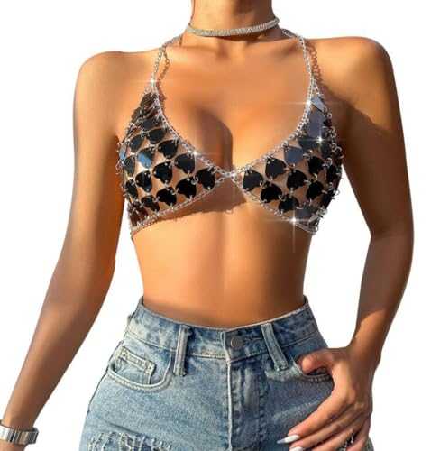 Sparkly Glitter Crop Top Sequin Bra Top Body Chains Top Women Vest Sexy Halter Neck Crop Top Backless Tassel Top V Neck Blouse T Shirts Halter Tank Tops with Adjustable Strap for Ladies Clubwear Party