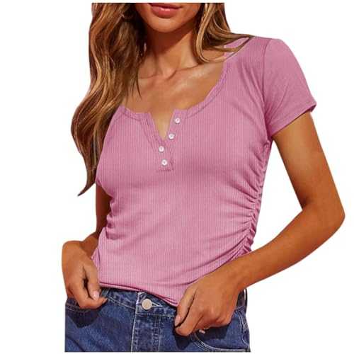 Dyhxuan T-Shirt Women's Plain Ribbed Shirt Slim Fit Summer Short Sleeve T-Shirt Button Placket V-Neck Blouse Lightweight Summer Shirt Sports T-Shirt Gym Sports Shirt Tee Shirt Fashionable Pullover