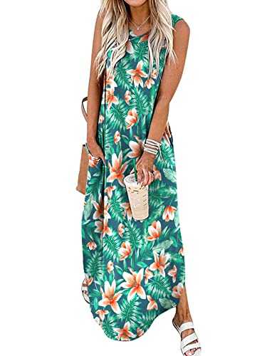 HUSKARY Women's Summer Tropical Maxi Dresses V Neck Sleeveless Beach Casual Loose Long Split Dress with Pocket