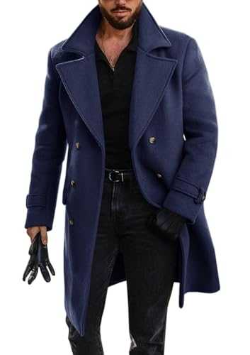 Runcati Mens Double Breasted Trench Coat Mid Long Jacket Notched Lapel Winter Chunky Warm Overcoat