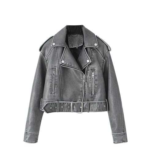 Women's Vintage Faux Leather Fall Coat Cropped Blazer Collar Coat Jacket Zip Up Slim Fit Belt Coats