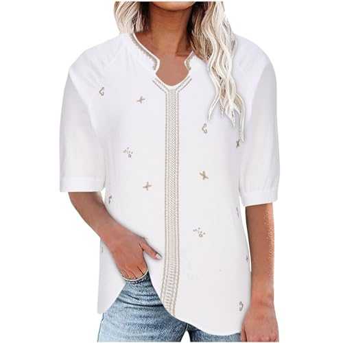 Embroidered Tops for Women Cotton Linen Summer T-Shirt Short Sleeve V-Neck Blouse Plus Size Tops Baggy Fit Basic Tee Tops Ladies T-Shirts Casual Loose Tunic Tops UK Size