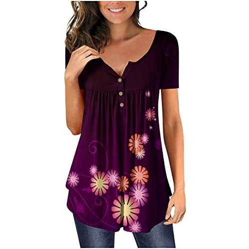Women's Elegant Tops Red Blouse V Neck Button Up Printing Top V Neck Short Sleeve Shirt Summer Top Blousess Size 14 Black Tee Shirts Pleated Tops Clothes Purple Size 12