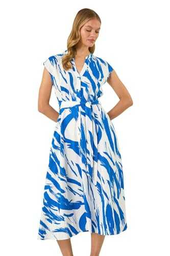 Roman Originals Brushstroke Linen Mix Midi Dress for Women UK - Ladies Everyday Holiday Spring Summer V-Neckline Comfy Soft Evening Vacation Work Party