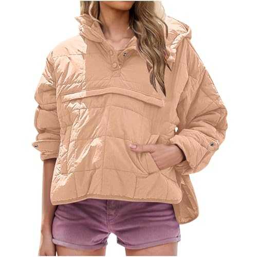 KUIH Womens Lightweight Quilted Jackets Button Up Long Sleeve Winter Warm Padded Pullover Tops Hooded Puffer Coat High Low Tops Side Slit Ladies Coat Winter Clothes Workout Top Going Out Wear