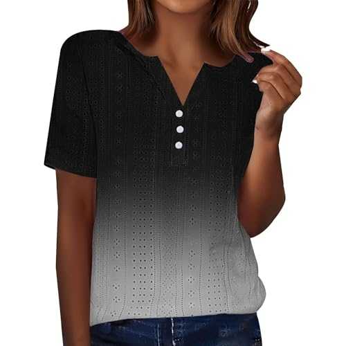 CGGMVCG Women Tshirts Trendy Casual Solid Color V Neck Lace Trim Eyelet Short Sleeve Summer Tops for Women