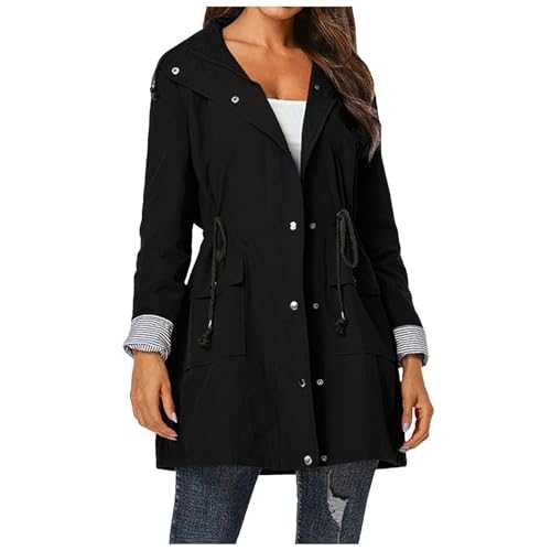 WILLBEST Women Coats and Jackets Sale Clearance Loose Fit Rain Jackets Lightweight Raincoats Waterproof Long Sleeve Windbreaker Outdoor with Hood Trench Coats Mid-Length Rain Coat Jacket