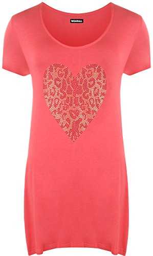 Womens Plus Size Gold Animal Heart Hanky Hem Ladies Short Sleeve Long Top