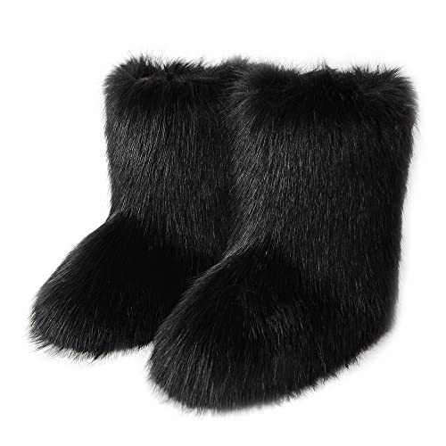 Cheuling Women's Faux fur Boots Winter Mid-Calf Warm Snow Boots Fuzzy Fluffy Furry Comfy Short Boots Indoor Outdoor Flat Boots