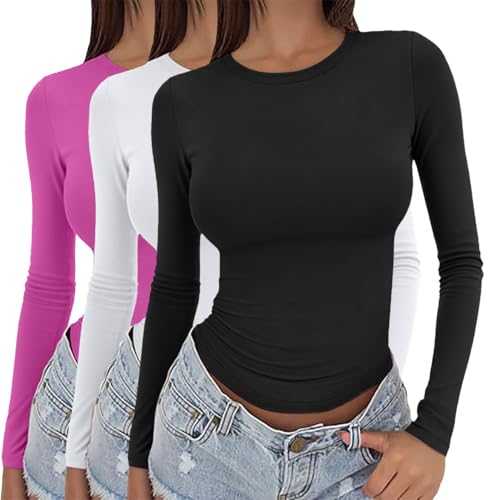 Long Sleeve Tops Women Pack Of 3 Solid Color Cropped Tshirt Fashion Crew Neck Basic Blouse Lightweight Summer White Crop Top Holiday Casual Women’S Pullover T-Shirt Slim Fit Work Blouses