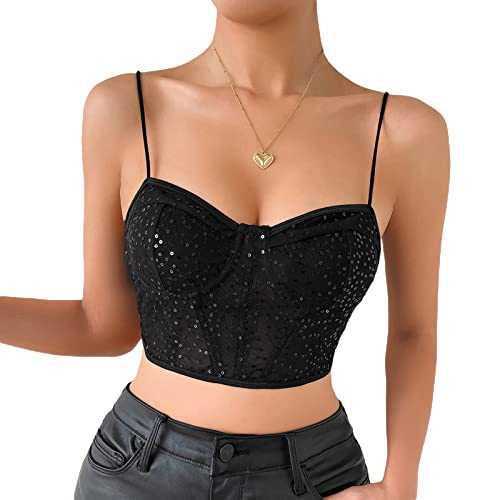 Achlibe Women Sparkly Sequin Bustier Corset Top Sexy Low Cut Mesh Tank Cami Vest Crop Tops Body Shaper Streetwear