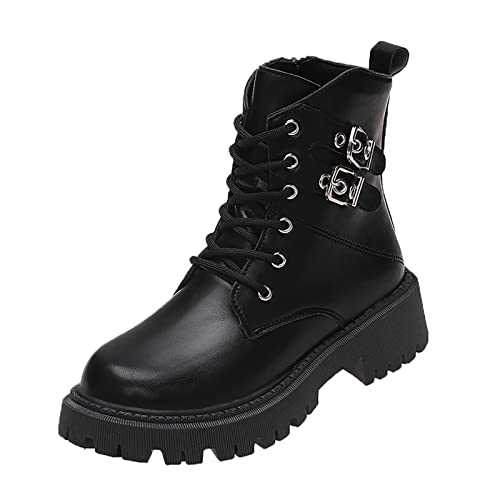 UnoSheng Girls 28 Ladies British Style Solid Color Chain Side Zipper Soled Fashion Short Boots Black Ladies Small Heel