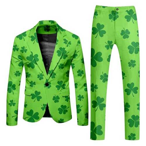 Men's St. Patrick's Day Suit Irish Shamrock Gold Coin Printed Blazer and Suit Pant Long Sleeve Lapel Slim Fit One Button Suit with Pockets for Wedding Carnival Party