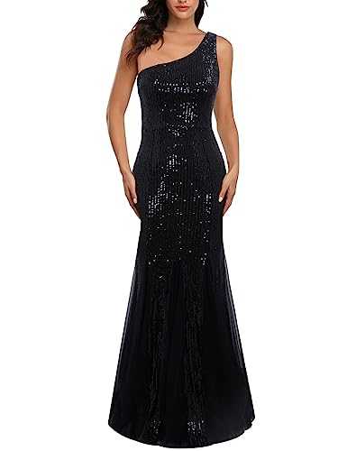 Womens Party Dresses Sequins Tulle Sexy One Shoulder Long Dress Formal Mermaid Evening Prom Gowns