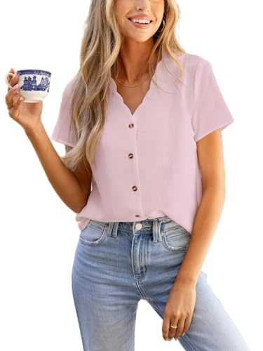 CUPSHE Women's Blouse Shirt Short Sleeve Scalloped V Neck Button Up Textured Casual Blouse Ladies Tops Summer Fashion 2025