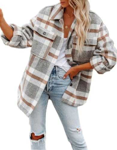 LEKOPUR Checked Flannel Shirts for Women Long Sleeve Shacket Women Plaid Shirt Blouses Casual Tops Cardigan Autumn Winter Jacket Coat