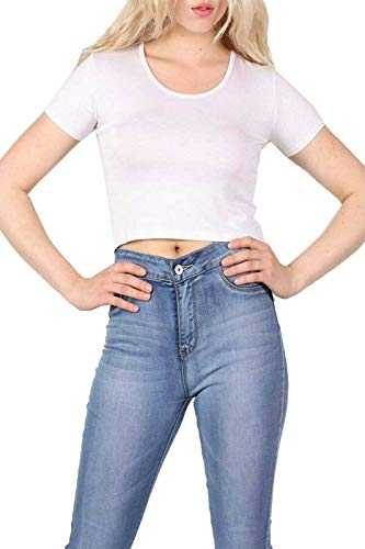 Womens Plain Cap Short Sleeve Crop Top Ladies Stretchy Scoop Neck Casual Basic Crop Top