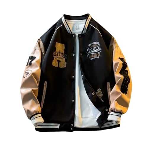 YeGang Men's Varsity Jackets - College Bomber Jacket Vintage Sweatshirt Casual Unisex Streetwear Y2k Oversized Coats with Patch PU Leather Sleeves