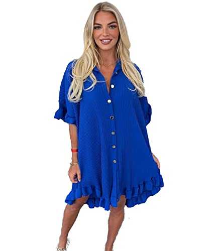 eyes Women’s Gold Button Pleated Short Sleeve Plain Collared Frill Hem Ladies Casual Loose Fit Oversized Baggy Plus Size Swing Summer Dresses for Women UK One Size 8-22