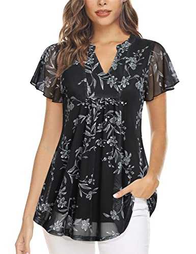 Youtalia Women's Short Sleeve Tunic Tops Layered Notch V-Neck Casual Shirts Floral Printed Dressy Blouses, Black White Floral, Large