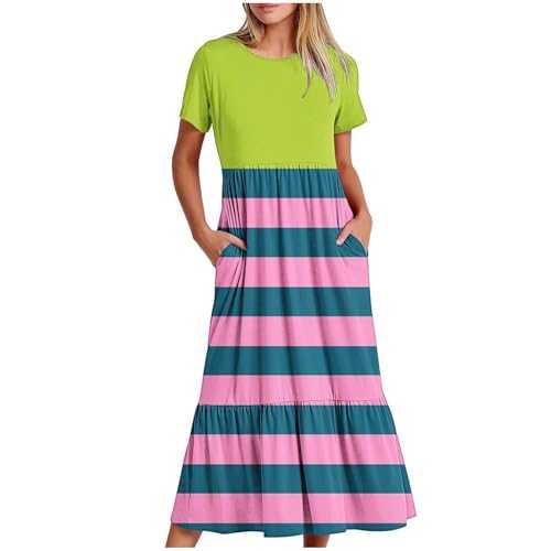 Midi Dresses for Women UK Short Sleeve Ruffle Hem Casual Dress Summer Smock Floral Print Round Neck Long Dresses with Pockets Comfy T Shirts Dress Holiday Party Beach Sundress